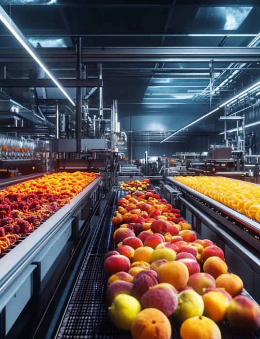 Automated fruit processing plant with conveyor belts carrying or Automated fruit processing plant with conveyor belts carrying oranges, peaches, and blood oranges.