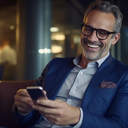 Portrait of smiling mature businessman using mobile phone while Portrait of smiling mature businessman using mobile phone while sitting in office lobby.generative ai